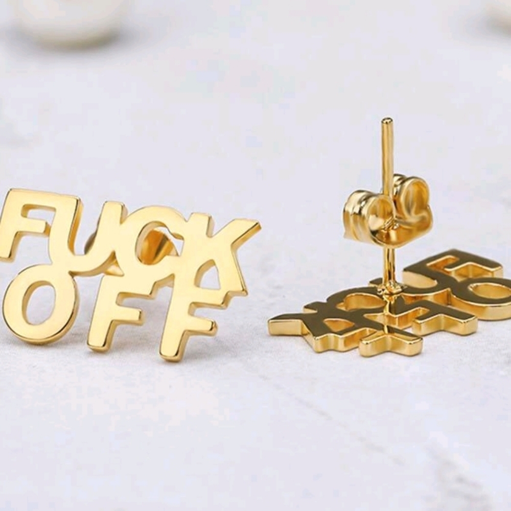 ✨️  F U C K OFF silver or Gold Vintage Stainless Steel Letter Stud Earrings ✨️ - Picture 5 of 6